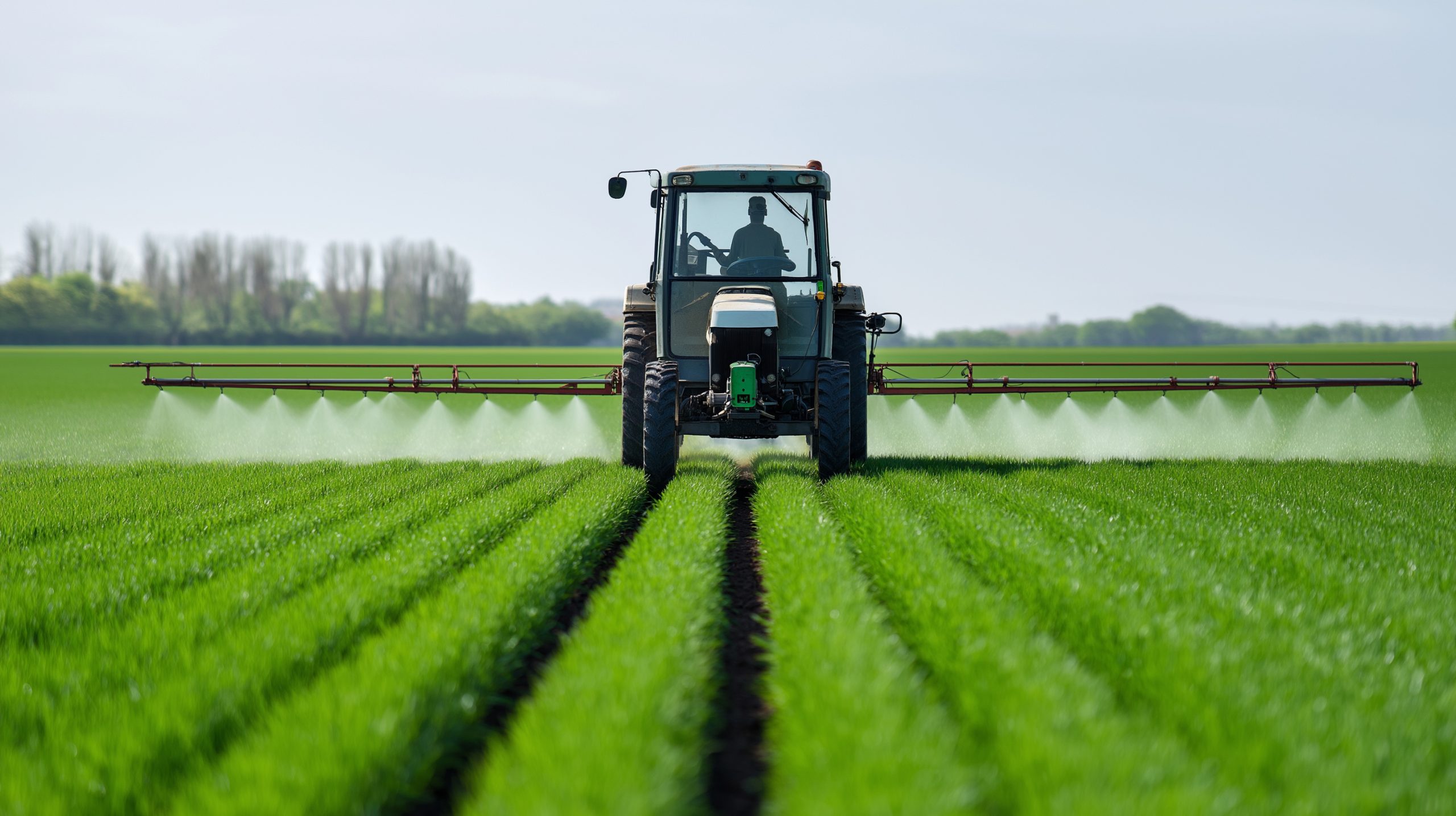 Tractor spraying young green crop rows with a boom sprayer, applying fertilizer and crop protection for healthy growth and higher yields under a clear blue sky in rural farmland