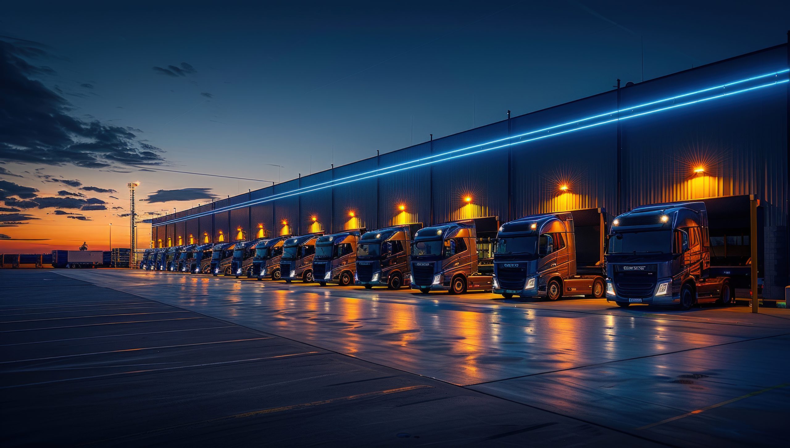 A row of semi-trucks is parked at a distribution center during the evening. The sky overhead is a gradient of orange, blue, and purple, indicating either dusk or dawn. The trucks are uniformly spaced and lined up neatly. Their headlights and the loading dock lights cast reflections on the wet pavement. The scene conveys a sense of order, efficiency, and modern logistics. This could be used for various commercial purposes, such as illustrating transportation, supply chain management, or industrial operations. It could also be used to evoke themes of progress, connectivity, or global trade.